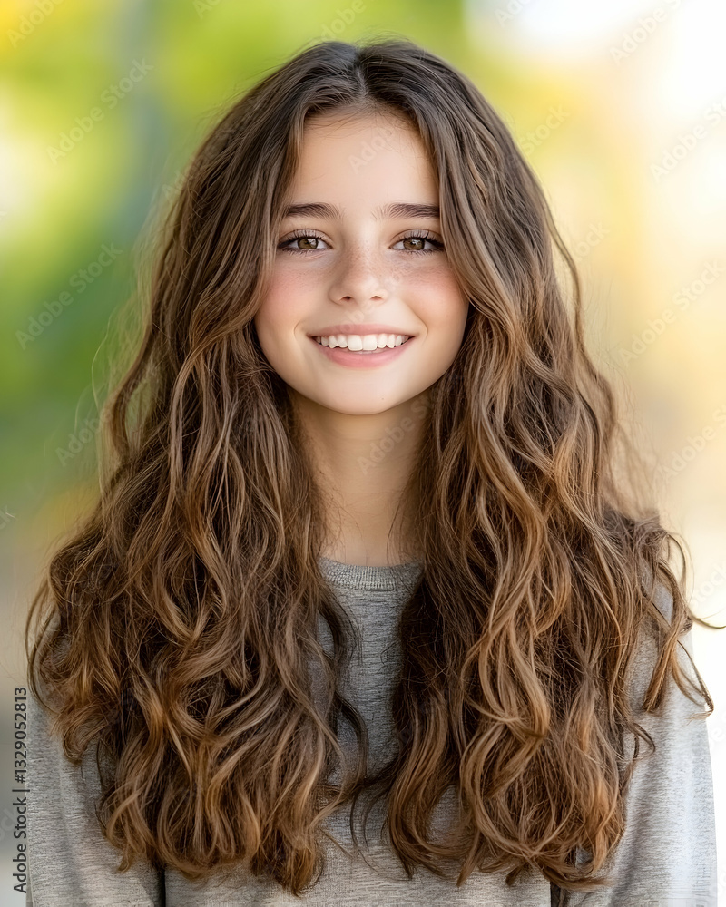Portrait of a smiling girl with long, wavy brown hair Portrait of a smiling girl with long, wavy brown hair