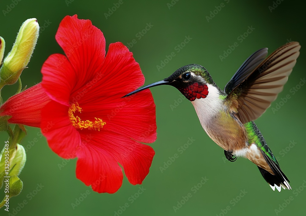 Naklejka premium Hummingbird Feeding on Vibrant Red Hibiscus Flower Nature Wildlife Free Tiny Green Wings