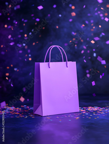 Purple shopping bag amidst falling confetti on dark background
