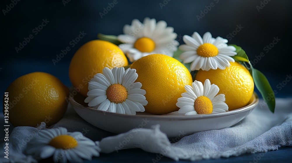 BRIGHT SUMMER IMAGE OF CHAMOMILES AND LEMONS
