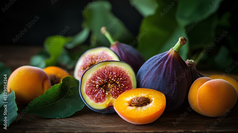Bright sunny summer image of figs, grapes and flowers
