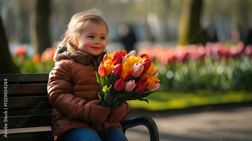child holding a bouquet of flowers, sitting on a bench near the Keukenhof Gardens in the Netherlands
