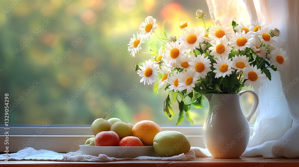 Bright sunny summer image, bouquet of daisies in a vase, and a bowl of fruit.