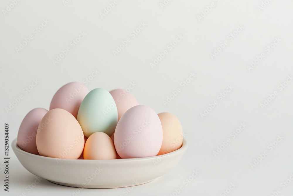 Elegant composition of pastel-colored eggs in smooth bowl on sof Elegant composition of pastel-colored eggs in smooth bowl on sof