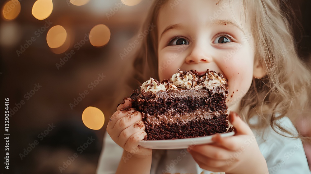 white child with messy hands holding a large slice of chocolate cake, taking a joyful bite