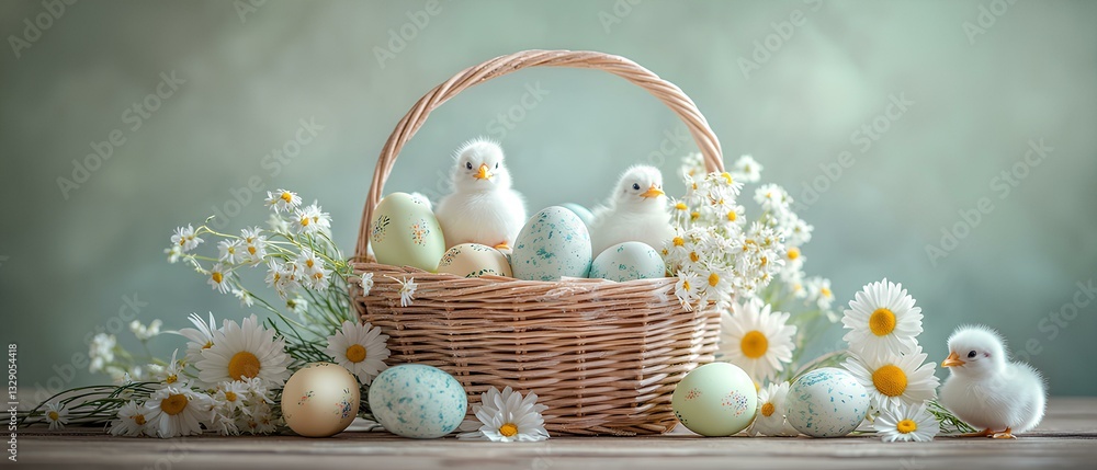 cheerful Easter centerpiece featuring a basket filled with painted eggs, fluffy chicks, and daisies, placed on a wooden table, Bright