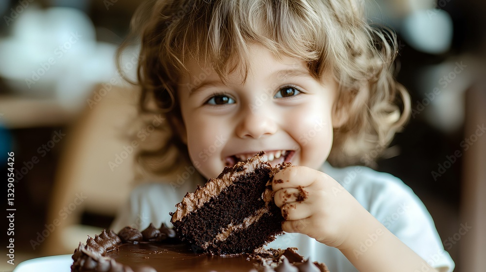 white child with messy hands holding a large slice of chocolate cake, taking a joyful bite