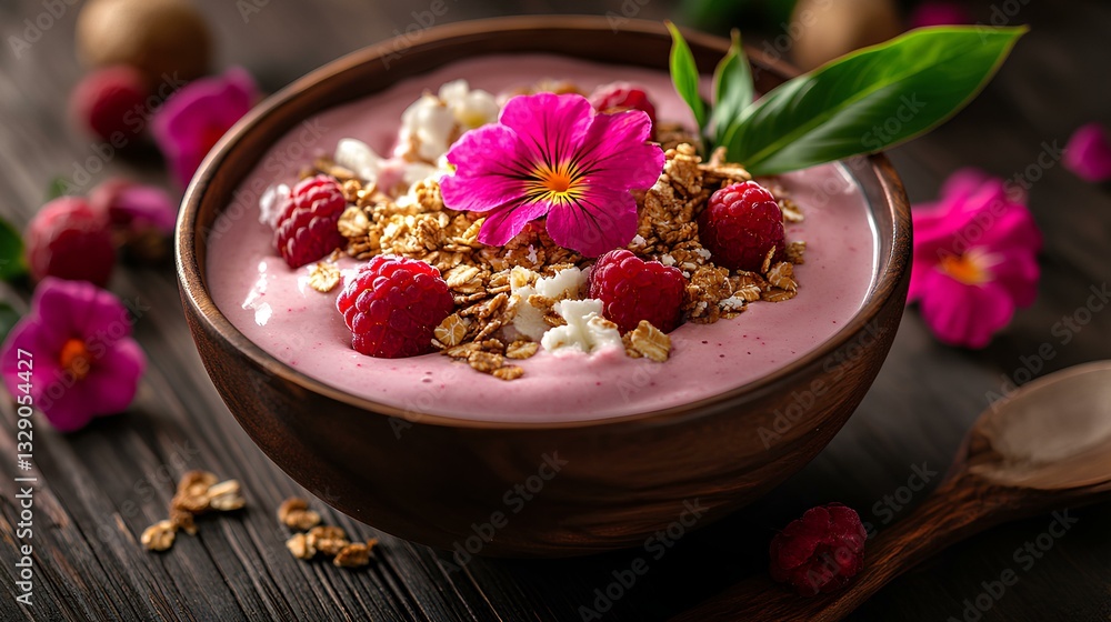 smoothie bowl topped with granola, berries, and tropical flowers, placed on a wooden table.