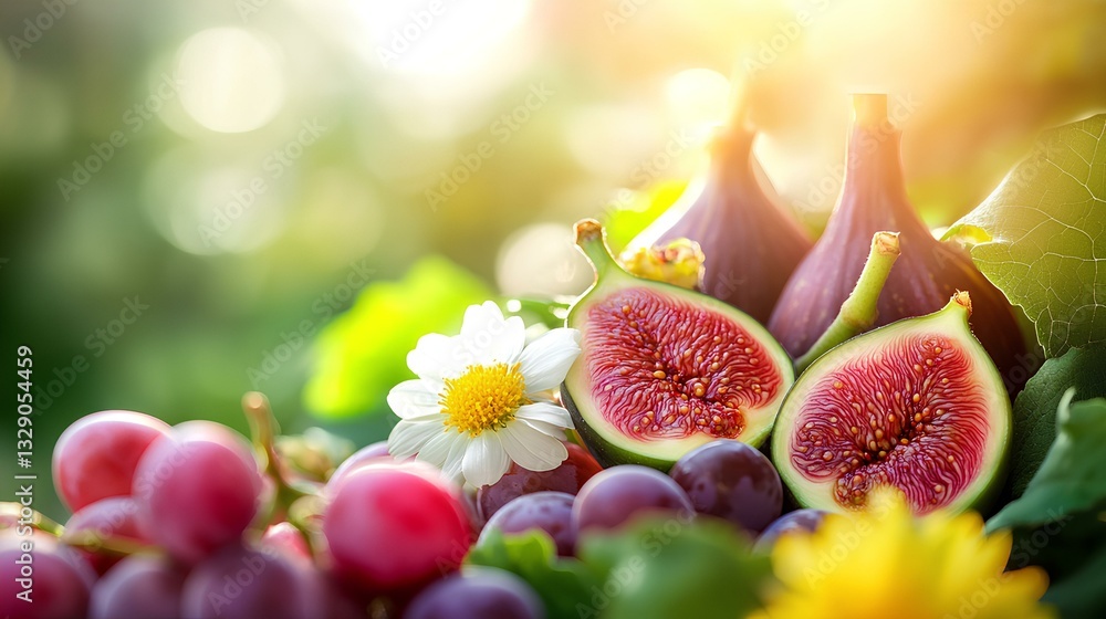 Bright sunny summer image of figs, grapes and flowers