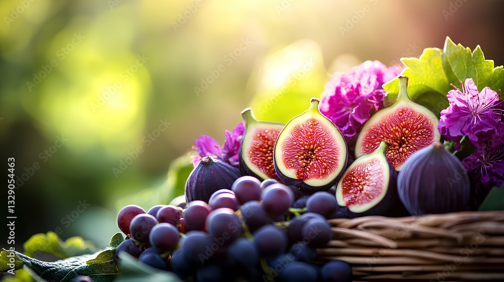 Bright sunny summer image of figs, grapes and flowers