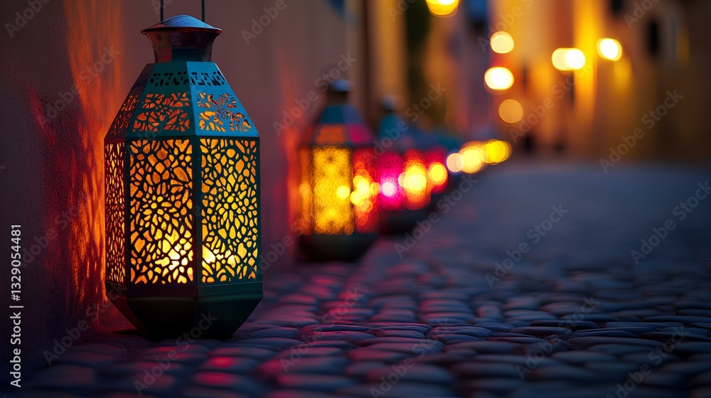 row of colorful lanterns with intricate patterns, glowing softly on a cobblestone street at dusk