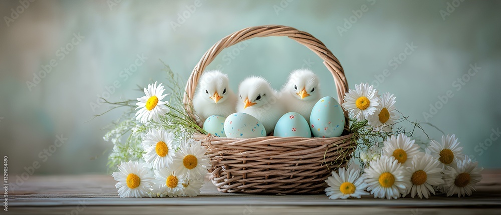cheerful Easter centerpiece featuring a basket filled with painted eggs, fluffy chicks, and daisies, placed on a wooden table, Bright