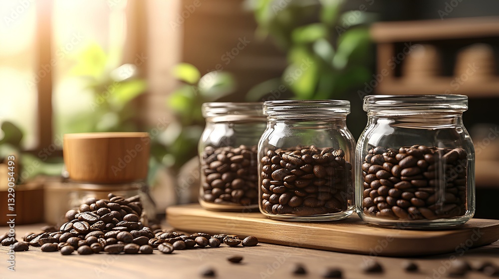 modern café with sleek equipment and coffee beans displayed in glass jars