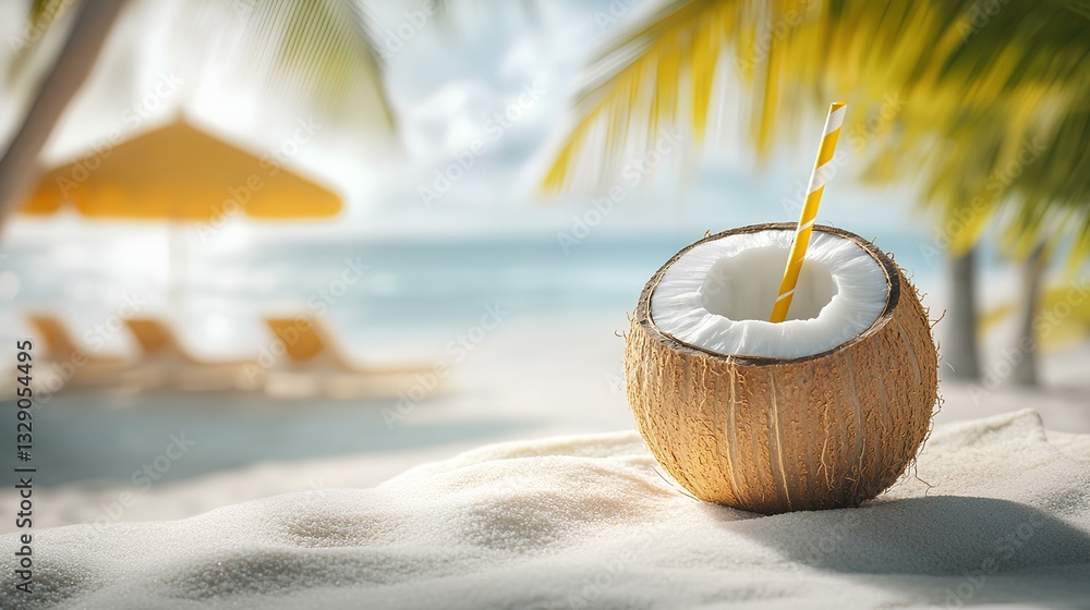 close-up of a fresh coconut with a straw and tropical umbrella, resting on a beach towel with white sand in the background