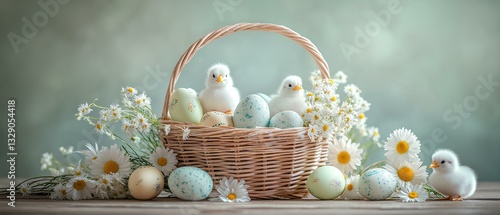 Obraz na płótnie cheerful Easter centerpiece featuring a basket filled with painted eggs, fluffy chicks, and daisies, placed on a wooden table, Bright w salonie