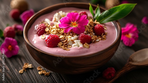 Obraz na płótnie smoothie bowl topped with granola, berries, and tropical flowers, placed on a wooden table. w salonie