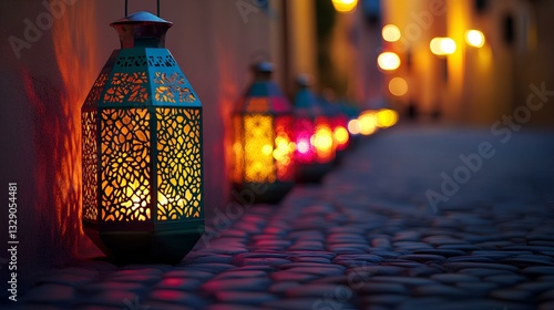 Obraz na płótnie row of colorful lanterns with intricate patterns, glowing softly on a cobblestone street at dusk w salonie
