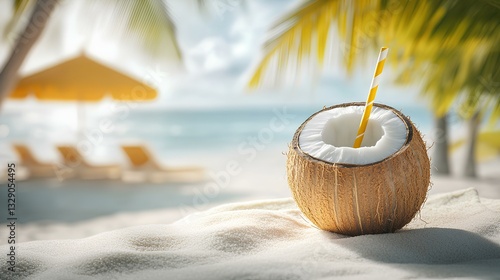 Obraz na płótnie close-up of a fresh coconut with a straw and tropical umbrella, resting on a beach towel with white sand in the background w salonie