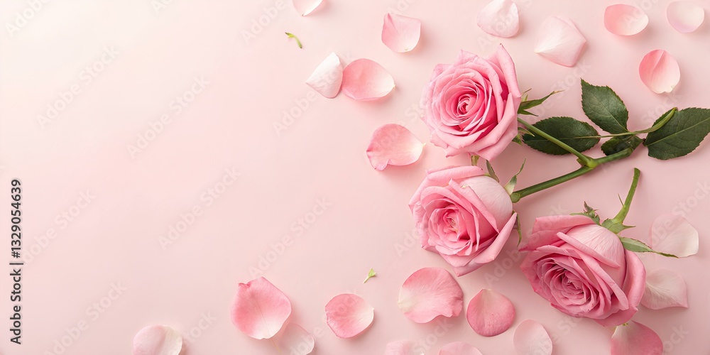 Frame made of rose flowers, confetti on pink background. Valentine's Day background