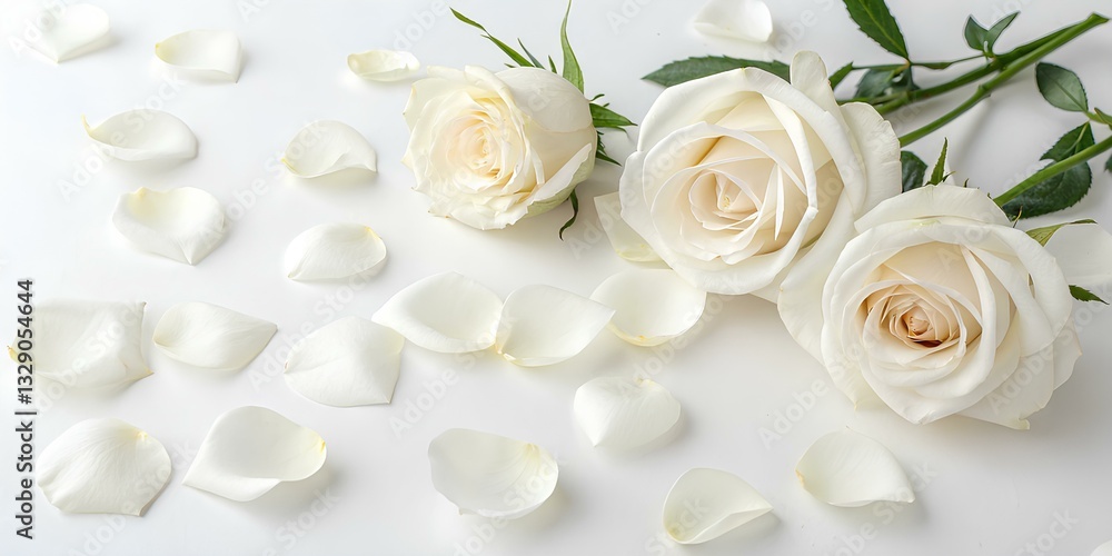 Minimal style. White roses and petals set on pastel white background