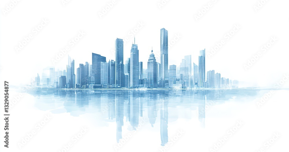 A gradient of blue water transitioning to a business city skyline, suitable for decorative murals, and also usable as a design background for urban development concepts. A gradient of blue water transitioning to a business city skyline, suitable for decorative murals, and also usable as a design background for urban development concepts.