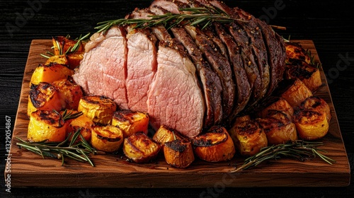 Bottom Round concept. Juicy roast beef with crispy roasted potatoes and vegetables