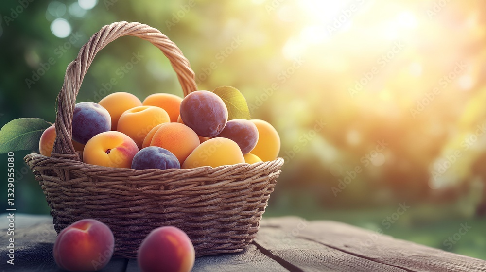 Bright sunny summer image of figs, peaches and apricot