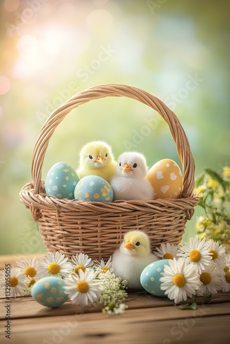 A cheerful Easter centerpiece featuring a basket filled with painted eggs, fluffy chicks, and daisies,   placed on a wooden table