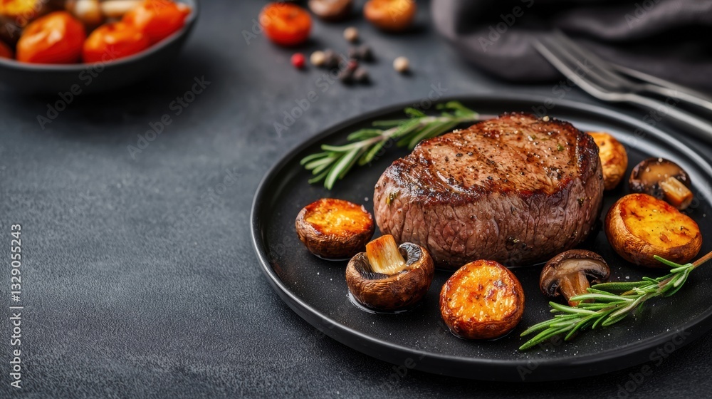 Fototapeta premium Bottom Round concept. Pan seared Steak with Roasted Vegetables