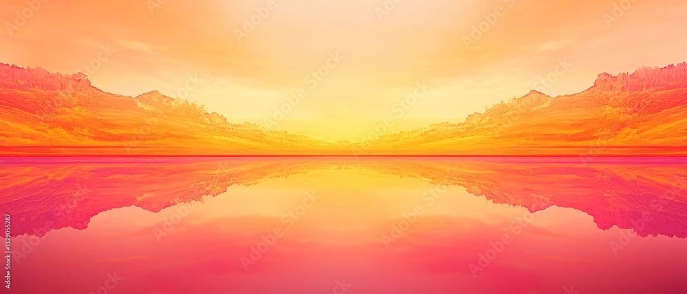 Ember Horizon, a vibrant gradient of deep orange and coral pink illuminates a mirrored landscape, evoking a serene dawn in an ethereal abstract realm. Ember Horizon, a vibrant gradient of deep orange and coral pink illuminates a mirrored landscape, evoking a serene dawn in an ethereal abstract realm.