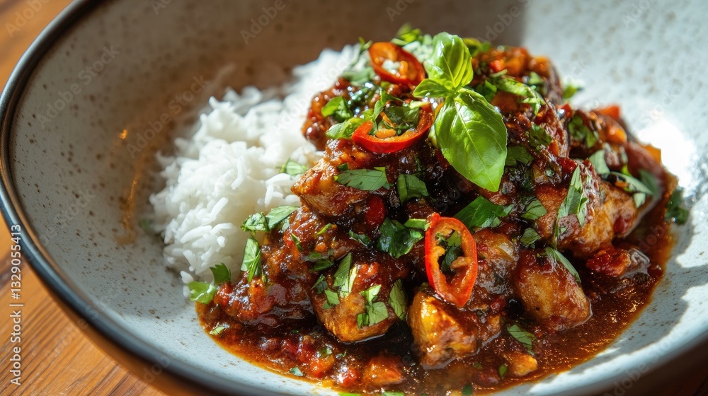 Delicious Asian Inspired Dish with Rice and Spicy Sauce Served in Modern Bowl Delicious Asian Inspired Dish with Rice and Spicy Sauce Served in Modern Bowl