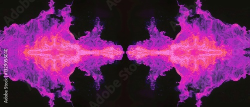 Neon Kaleidoscope Inkblot, Vibrant purple shapes radiate in a symmetrical design, fuzzy fuchsia clouds soften the edges against a dark backdrop, creating a mesmerizing visual effect.