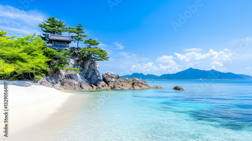 Serene beach scene with clear turquoise water, white sand, and a small shrine perched atop a rocky outcrop under a vibrant blue sky