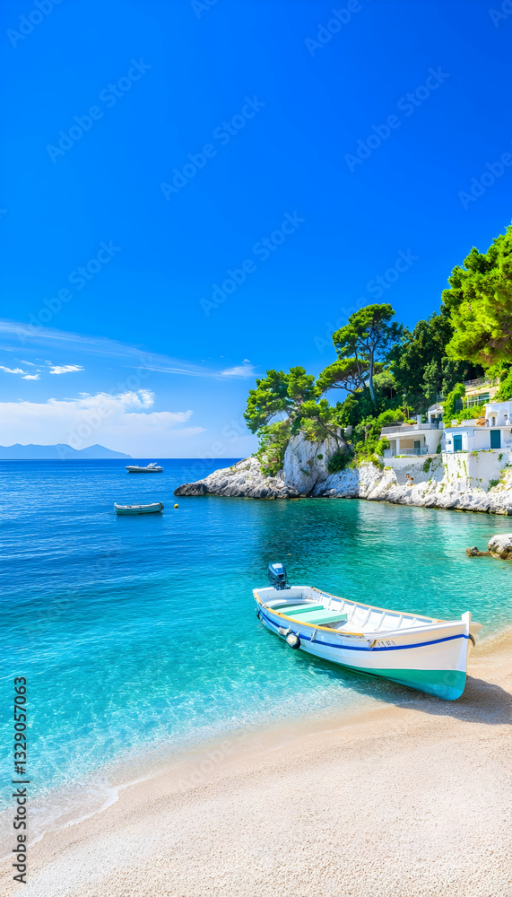 Fototapeta premium Serene cove with turquoise water, white boat on sandy beach, lush greenery on cliffs
