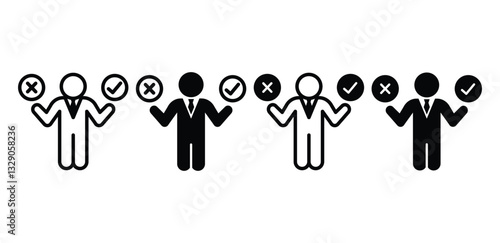 People Decision Making Businessman Weighing Options with Check and Cross Marks Icons Black and White Color Vector Illustration Design