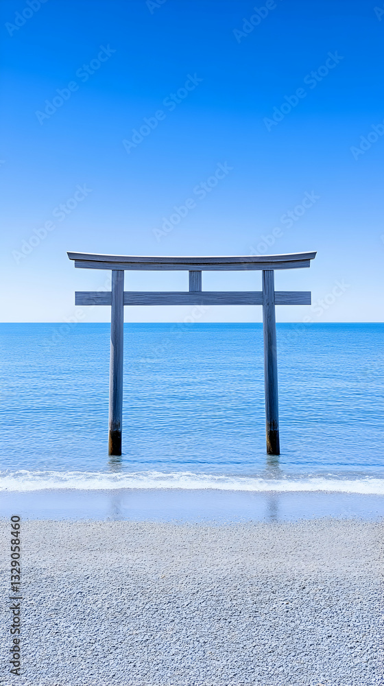Serene ocean view with a traditional Japanese gate at the water's edge under a clear blue sky Serene ocean view with a traditional Japanese gate at the water's edge under a clear blue sky