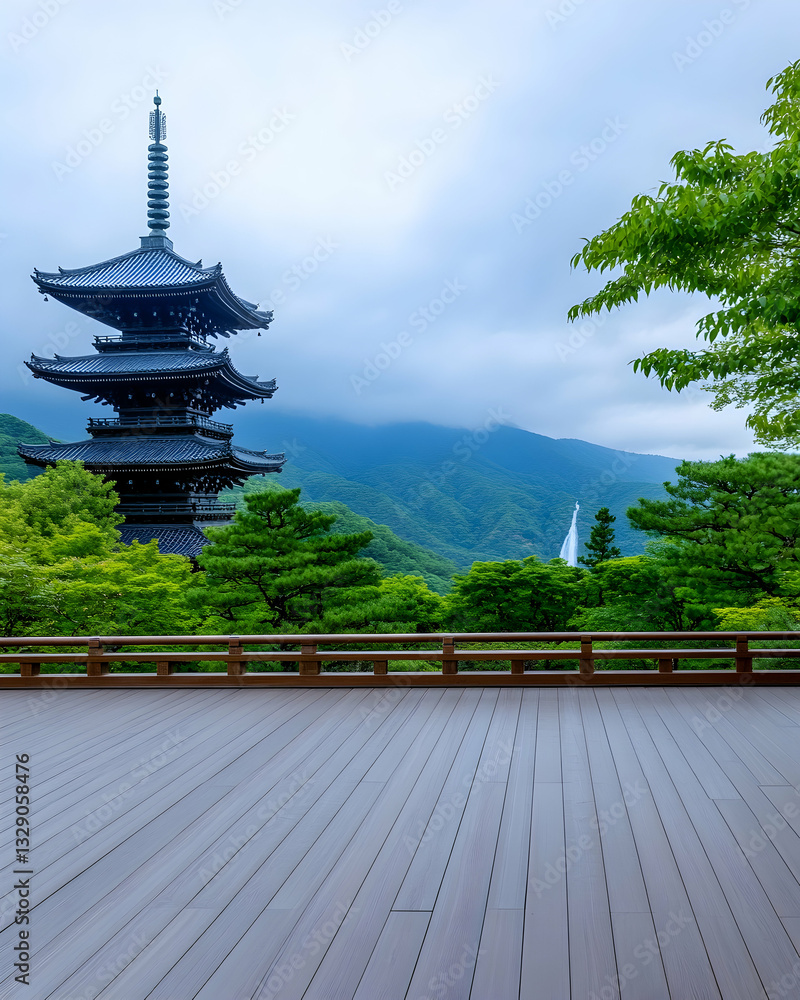 Serene pagoda view from wooden deck, lush greenery, misty mountains Serene pagoda view from wooden deck, lush greenery, misty mountains