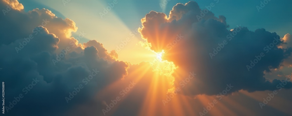 Fototapeta premium Golden rays pierce thick, dark clouds, illuminating a sliver of blue sky , celestial, glory