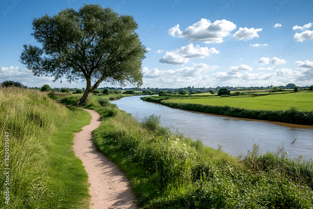 Serene river path with lush greenery and tree Serene river path with lush greenery and tree