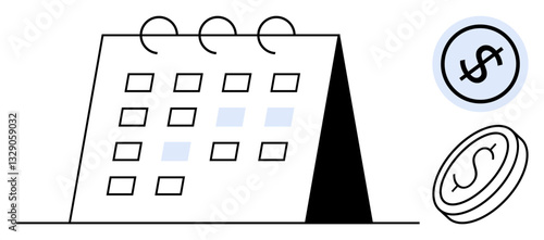 Desk calendar with highlighted dates, dollar coin, and financial symbol. Ideal for finance, budgeting, scheduling, time management, payment planning saving goals expenses tracking. Flat simple