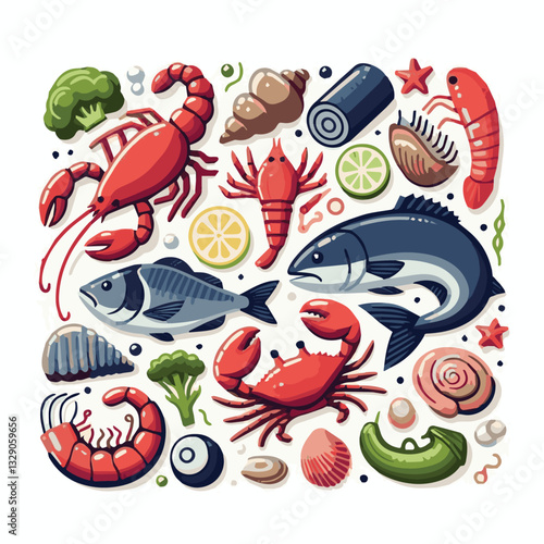 seafood, fish, restaurant, food, menu, dinner, sea, sketch, ocean, fresh, illustration, vector, vintage, market, shellfish, octopus, ink, meal, gourmet, shrimp, lobster, drawing, design, background, c