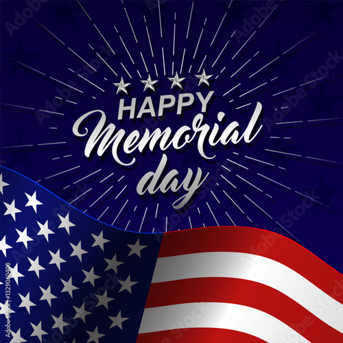Happy Memorial Day background with US national flag, stars and firework. Template for Memorial Day invitation, greeting card, banner and advertising. Vector illustration.