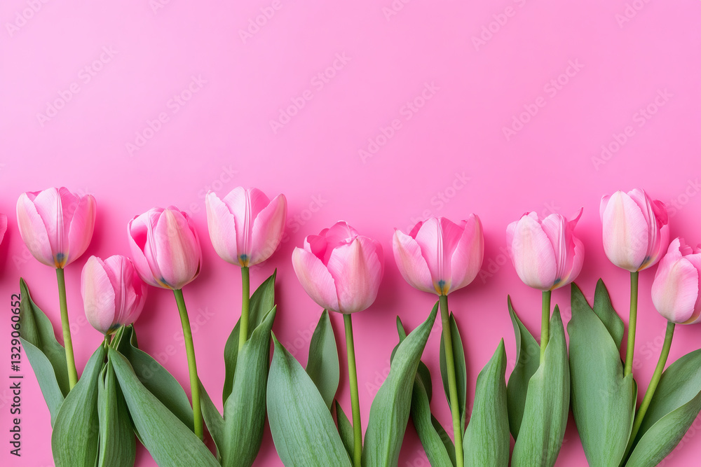 Fototapeta premium Pink Tulips Flat Lay Floral Banner for Mother’s Day with Copy Space