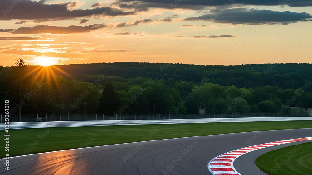 Fototapeta premium An abandoned racetrack enveloped by flourishing woods, showcasing the beauty of a sunset