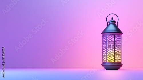 ramadan lantern with glowing light on purple gradient background