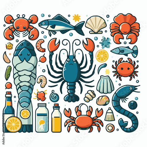 seafood, fish, restaurant, food, menu, dinner, sea, sketch, ocean, fresh, illustration, vector, vintage, market, shellfish, octopus, ink, meal, gourmet, shrimp, lobster, drawing, design, background, c