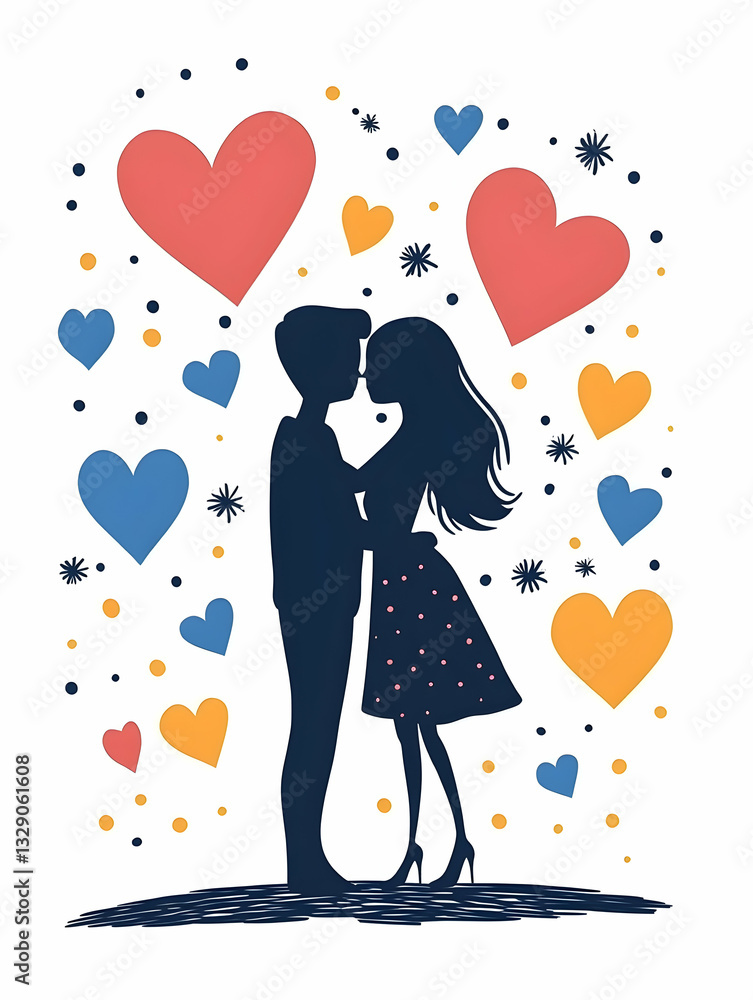 Silhouette couple kissing amidst colorful hearts Silhouette couple kissing amidst colorful hearts