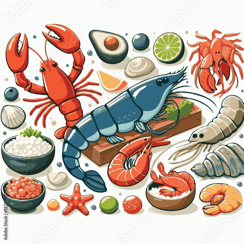 seafood, fish, restaurant, food, menu, dinner, sea, sketch, ocean, fresh, illustration, vector, vintage, market, shellfish, octopus, ink, meal, gourmet, shrimp, lobster, drawing, design, background, c