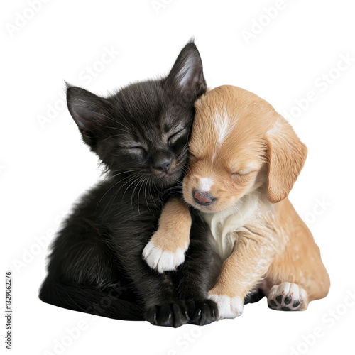 black kitten and brown puppy cuddle together peacefully
