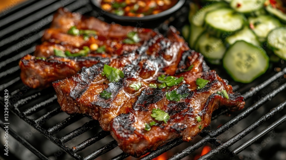 Grilled Ribeye Steak Served with Fresh Cucumbers and Spicy Dipping Sauce on a Charcoal Grill Grilled Ribeye Steak Served with Fresh Cucumbers and Spicy Dipping Sauce on a Charcoal Grill